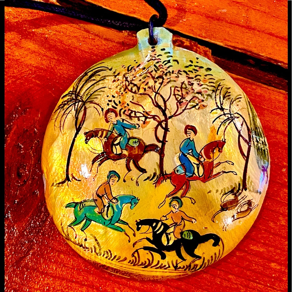 Vintage Abalone shell necklace painted with Horses
